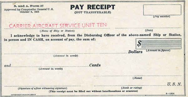 Carrier Aircraft Service Unit Ten pay receipt.