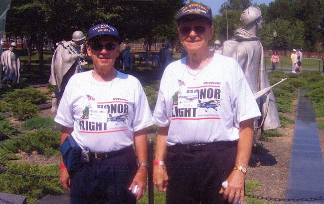 Fred on the left on the Honor Flight. The mission of the Honor Flight is to fly all WWII veterans to the World War II memorial for free.