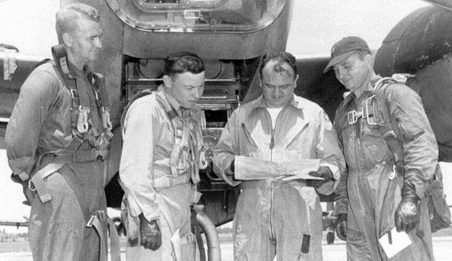 Combat crew training, Shaw AFB, SC, 1952.  L/R David (nav); Morris Briggs (nav); instructor pilot (?); Paul (pilot)