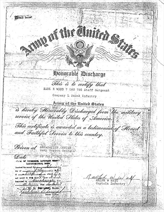 Certificate of discharge from the US Army for Earl Webb