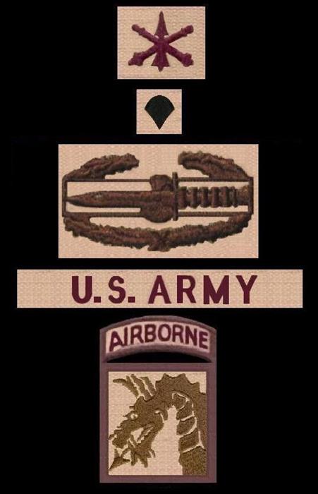 Desert subdued patches & insignia from top-to-bottom: Officer ADA branch sew-on, Specialist collar rank, Combat Action Badge, U.S. Army nametape, and my Shoulder Sleeve Insignia-Former Wartime Service (SSI-FWTS)-18th Airborne 'Dragon' Corps Patch.