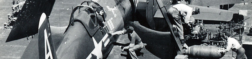 F4U Corsair loading bombs on USS Boxer CV-21