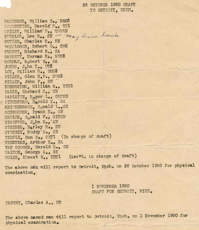 Draft roster from October 26, 1950. On the day my grandfather had to report to active duty there was a huge snow storm and he almost did not make the train from Lima to Detroit. Not reporting means one goes to jail but apparently the people who did not report never had to go Korea.