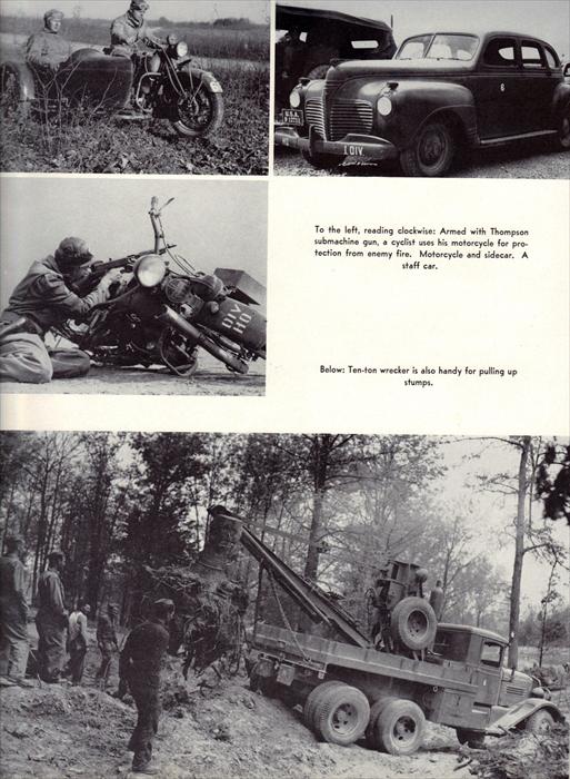 Various vehicles used by the 1st Armor Division, from clockwise, left-to-right; motorcycle with sidecar, staff car, ten-ton wrecker, and motorcycle (being used as cover from enemy small arms fire).