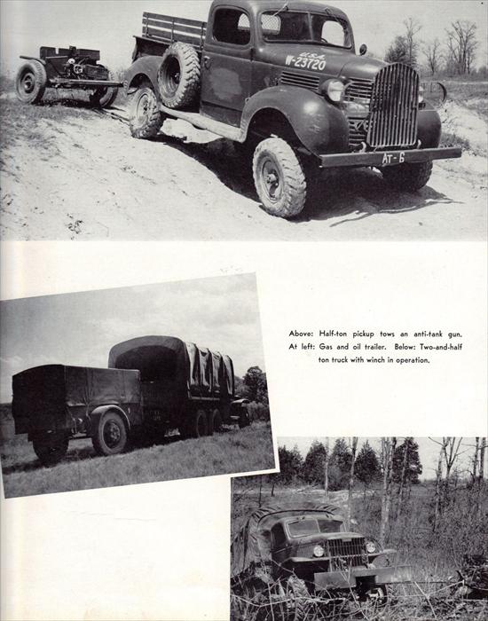 Half-ton truck towing an anti-tank gun.  A 2 1/2 ton truck with gas and oil trailer, and with winch in operation.