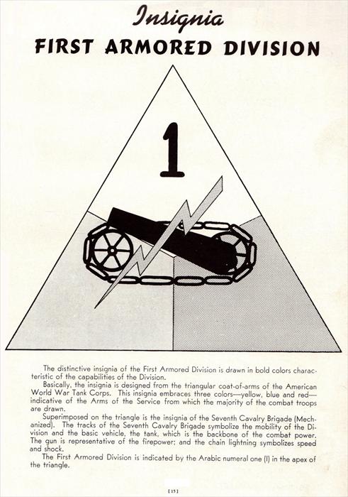 Old black & white pic of original 1st Armored Division insignia with description and history behind it.