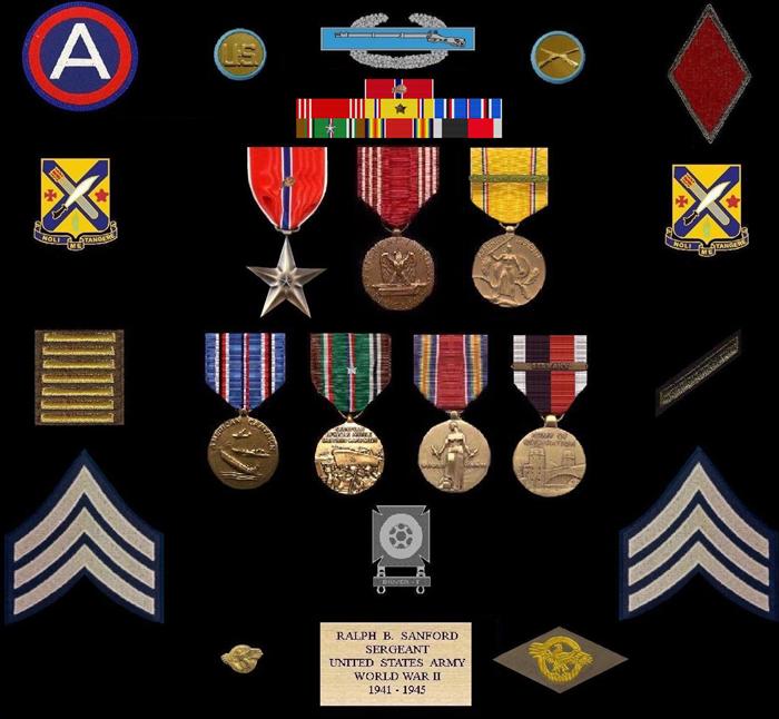 Top Row, the 3rd Army patch (left), 5th Inf. Div. Patch (right). Next to patches, Enlisted Collar discs. Above military ribbons is the Combat Infantryman Badge. The 7 ribbons & medals; Bronze Star Medal w/1 OLC, Army Good Conduct Medal, American Defense Service Medal w/1 bronze star, European-African-Middle-Eastern Campaign medal w/1 silver campaign star (Denotes 5 campaigns; Normandy, Northern France, Rhineland, Ardennes-Alsace, & Central Europe), World War II Victory Medal, & Army of Occupation Medal w/Germany Clasp. On left side is 'Ruptured Duck', honorable discharge lapel pin, right side, sew-on 'Ruptured Duck' Honorable Discharge patch. In the center is his Driver/Mechanic Badge with Driver-T (Track) bar. On the left side are his overseas bars (denotes 3 years foreign service) & on right side is one service bar (denotes 3 years honorable service). Bottom row is the highest rank he wore--Sergeant.  Near the SGT stripes, are his DUI for the 2nd Inf.