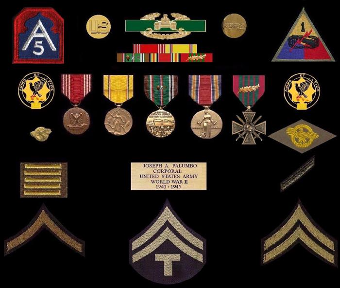 Top Row, 5th Army patch. The patch on the right, 1st AR Div. Patch. Next to patches, Enlisted Collar discs. Above military ribbons is unofficial Combat Armor Badge that denotes combat service (similar to their infantry brethren). The 4 ribbons & medals; Army Good Conduct Medal, American Defense Service Medal, European-African-Middle-Eastern Campaign medal w/Arrowhead device, 1 silver & bronze campaign stars (denoting Tunisian & Italian campaigns), WW II Victory Medal, & French Croixe de Guerre w/Palm. Adjacent to ribbons is the 1st Armored Regiment 'Blackhawks' regimental insignia. On left side is 'Ruptured Duck', honorable discharge lapel pin, right side, sew-on 'Ruptured Duck' Honorable Discharge patch. Below these insignia, left sides are overseas bars (denotes 2 years foreign service) & on right side is one service bar (denotes 3 years honorable service). On the bottom row are the ranks he wore; Private First Class, Technician 5th Class, & Corporal