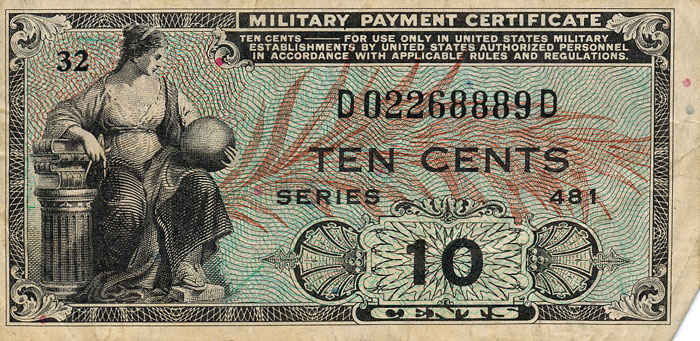Military Payment Certificate. To reduce profiteering from currency arbitrage, the US military devised the program to replace normal currency.