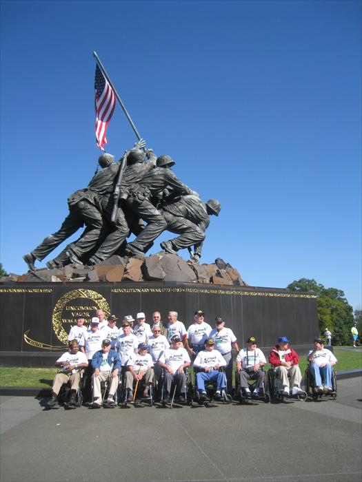 WWII Hero Bill Taylor and the Honor Flight Green Team at the Iwo Jima Memorial in Washington, D.C.