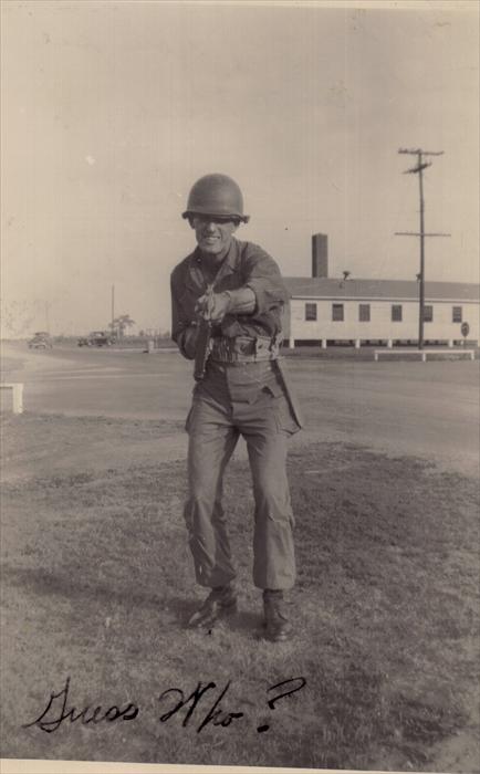 Here's Dad.  "The building you see is the guard house.  The guards sleep there.  So far I have not had the honor of being on guard duty."
Photo taken April (possibly), May, June or July 1951.
The "Guess Who?" was directed to my mom, back in Detroit, MI.