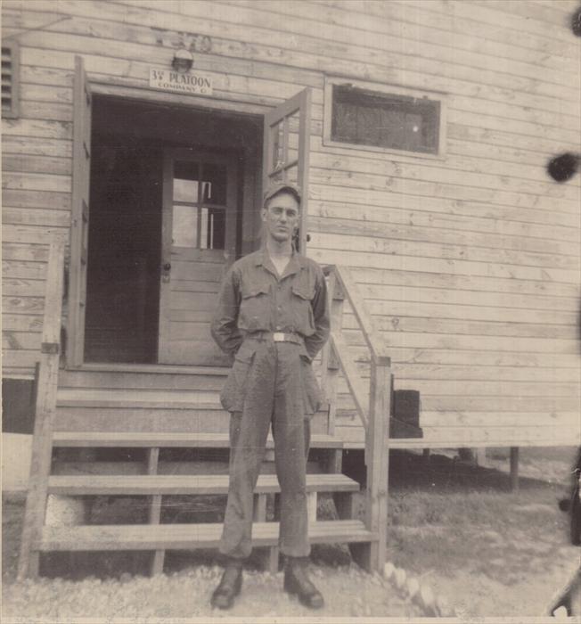 Dad in fatigues in front of his barrack.  Camp Breckinridge, April-July 1951.