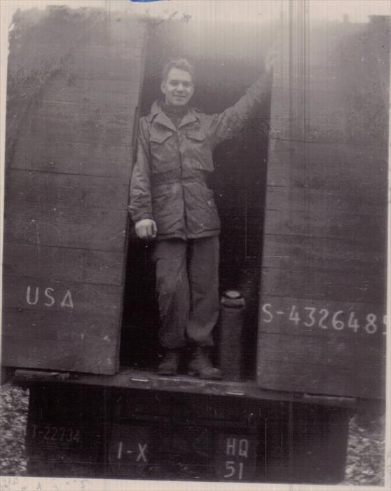 "English" at parts truck on maneuver, Germany, 1951-1953.