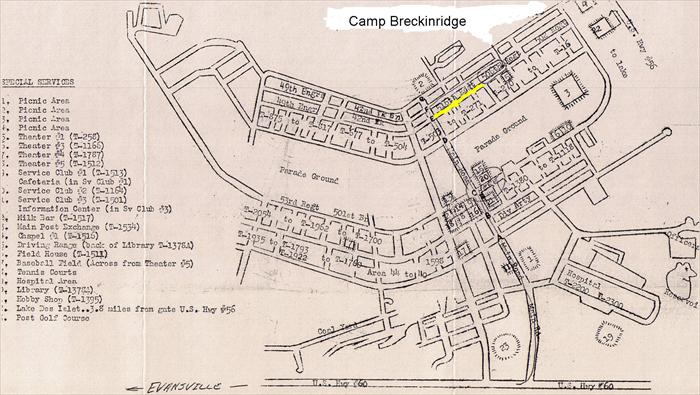 A great map provided by Vicki at the Camp Breckinridge Museum and Arts Center. The yellow area indicates the location of the 516th Regiment my dad's regiment.