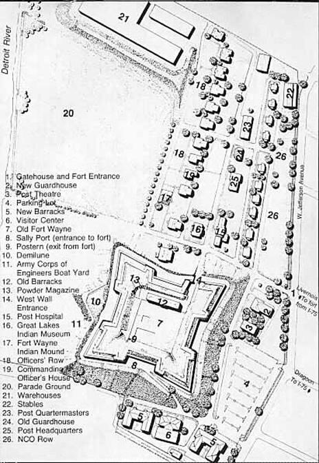 No hostile shots have ever been fired from this star-shaped fort built in the 1840’s to guard against a British invasion from Canada which never came.  This third bastion to protect the river approach to the city was named for General “Mad” Anthony Wayne who accepted the surrender of Detroit from the British in 1796.  It was a mobilization center for Union troops during the Civil War.  Regiments from Fort Wayne served in Indian conflicts, the Spanish-American War, the Philippine Insurrection, and World War I.  An active post in the 1920’s, it housed a Civilian Conservation Corps during the Depression.  Fort Wayne was a wartime supply depot in World War II and an induction center during the Korean and Vietnam conflicts.  Deactivated by the federal government in 1967, it now operates as a military museum under the auspices of the Detroit Historical Commission.	(Michigan Historic Marker).  Area 4, now a parking lot, replaced the building that the men were sworn in at.