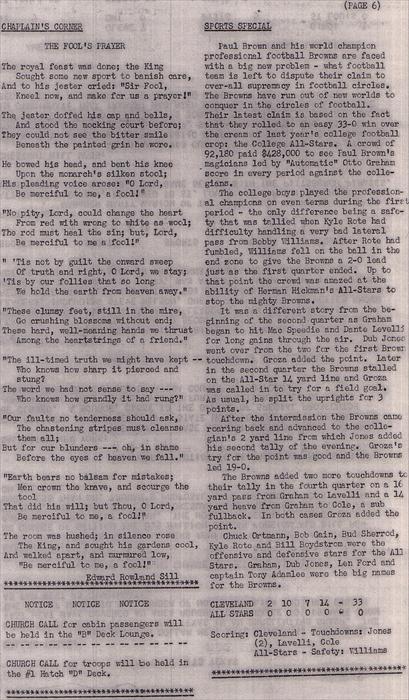 Page 6.  USNS George W. Goethals (T-AP-182) Troopship Newsletter August 1951