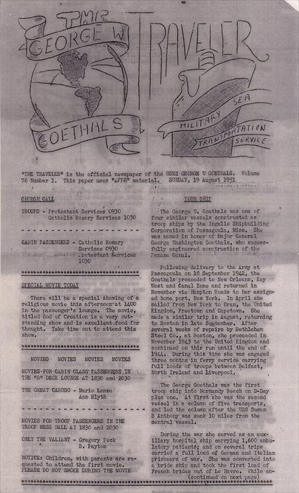 Six pages of Ken Klinger memorabilia-Page 1, USNS George W. Goethals (T-AP-182) Troopship Newsletter, Sunday, August 19, 1951.  My dad and other men embarked from the New York Harbor on Friday, August 17, 1951.