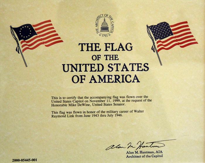 Flag flown in honor of Walter Link at the Capitol on November, 11 1999.