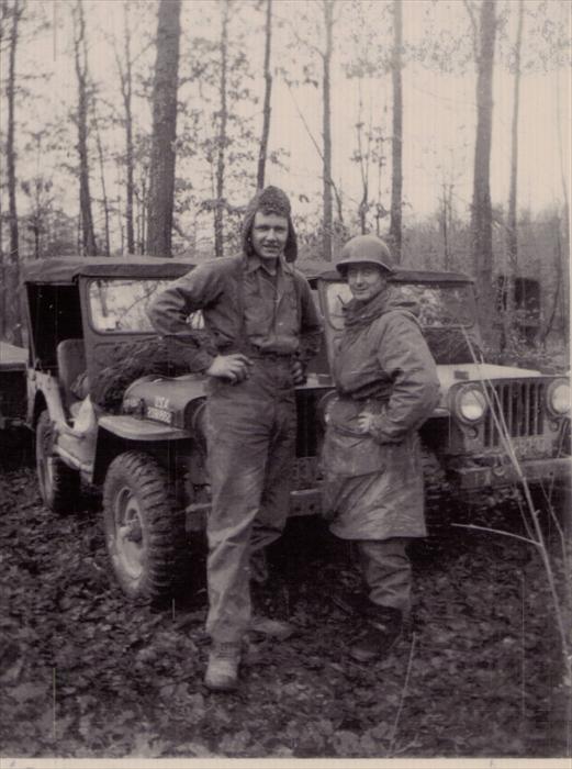Stretch and Frenchie (Joe Hershberger) on maneuver, Germany, with 1st Inf. Div. HQ CO.