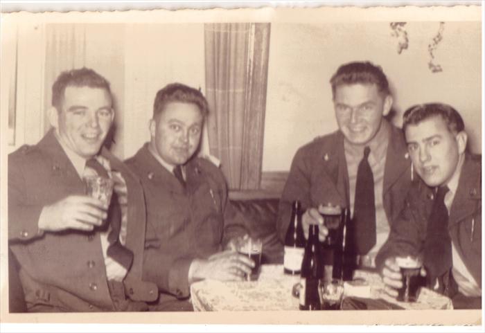 Taken when the 1st Inf. Div. was headquartered in Darmstadt.  Left to right-Smitty (Frederick J. Smith), Ray Byers, Stretch (John Moskites) and Bence Whitley. All but Smitty are with us today.  Bence Whitley, HQ CO defense platoon, requested to go to Korea.  He died as "SGT 179 INF 45 INF DIV" in Korea one day after his 23rd birthday in November 1952. It is known he died of an illness.