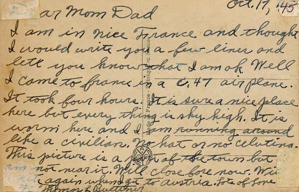 This is a typical letter that my grandfather wrote to his mother. This letter talks about how on October 17, 1945 he rode in a C47 to France.