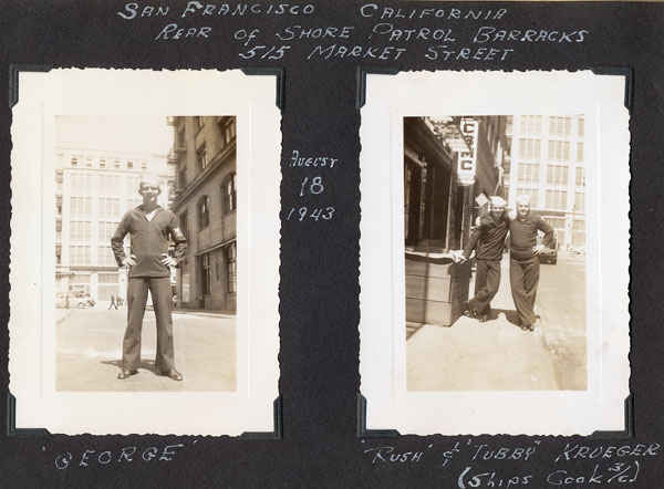 August 18, 1943. Rear of Shore Patrol Barracks George M., Rush and Tubby Krueger.