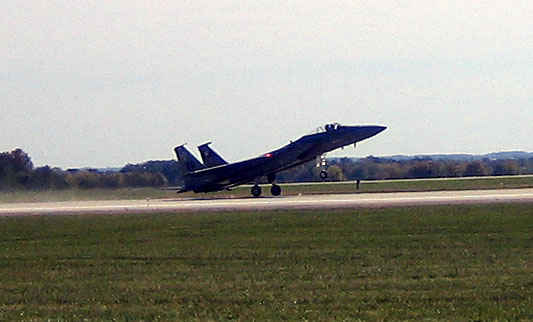 F-15 Eagle. Highly maneuverabe which enable it to turn tightly. It can climb to 30,000 feet in around 60 seconds. The thrust output of the dual engines is greater than the aircraft's weight, thus giving it the ability to accelerate in a vertical climb.