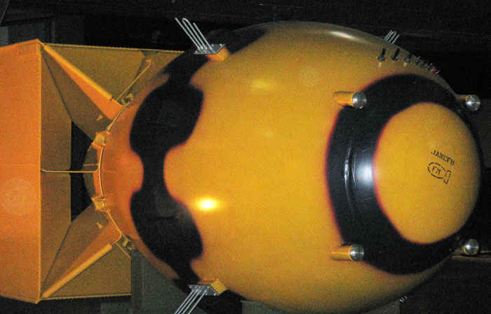 Fat Man, the bomb used over Nagasaki, Japan. It was an implosion-type weapon made of plutonium. The Little Boy bomb first dropped on Japan was made out of enriched uranium.