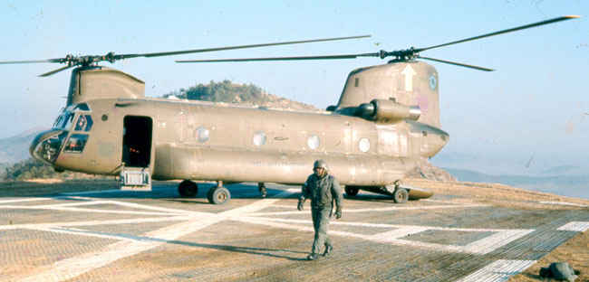 Chinook in Korea 1973-1974. Landed to drop off & pick up supplies on a 100 foot square pad.