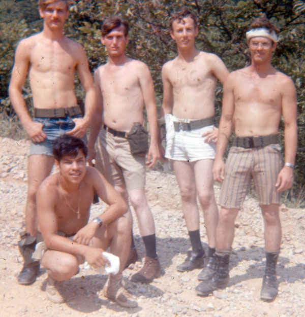 Billy Strickland, Richard Sapp, Dennis Siefker and two other soldiers on a fun hike in the hills in Korea 1973-1974.