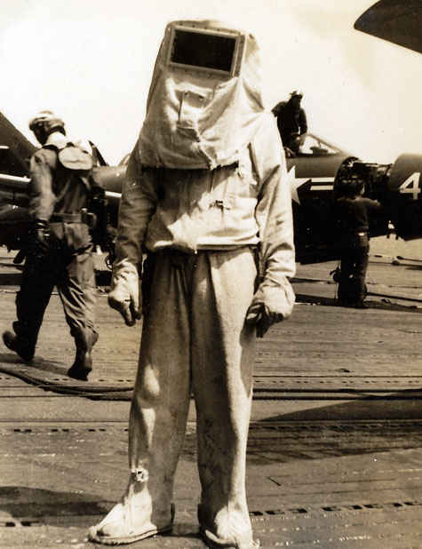 Firefighter suit on the Aircraft carrier USS Boxer 1950's.