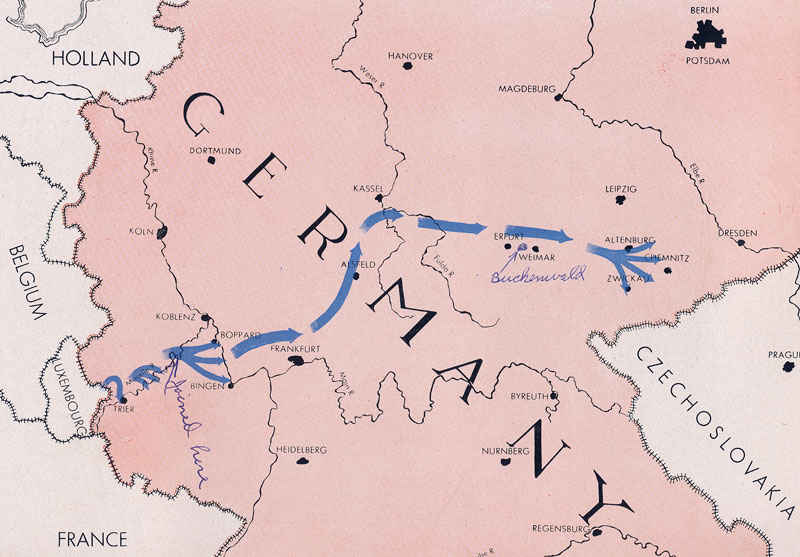 76th Infantry’s path through Germany. My grandfather joined near Bingen and Boppard. The concentration camp is marked on the map in pen.