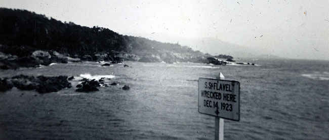 Along the 17-mile drive. Wreckage of Steam schooner S.S. Flavel,  which ran aground on rocks off of Cypress Point on December 14, 1923.