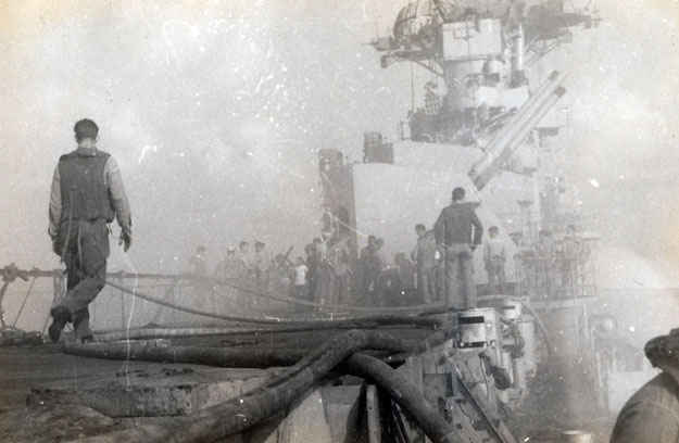 Pictures of the fire taken by Gene while he was on the deck. The fire spread so fast that Gene was unable to man his fire station. Sailors on the desk were lifted 6 feet in the air when the main explosion went off.