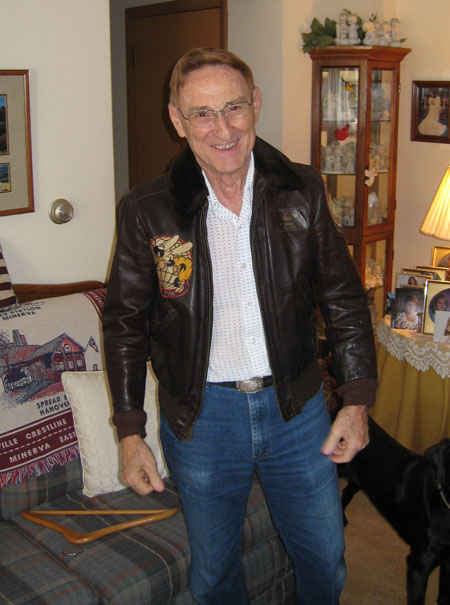 Gene wearing his pilot's jacket from the USS Boxer (CV-21). It still fits, well almost.