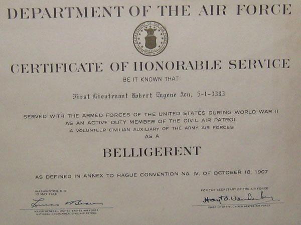 Honorable service with the civil air patrol during World War 2.