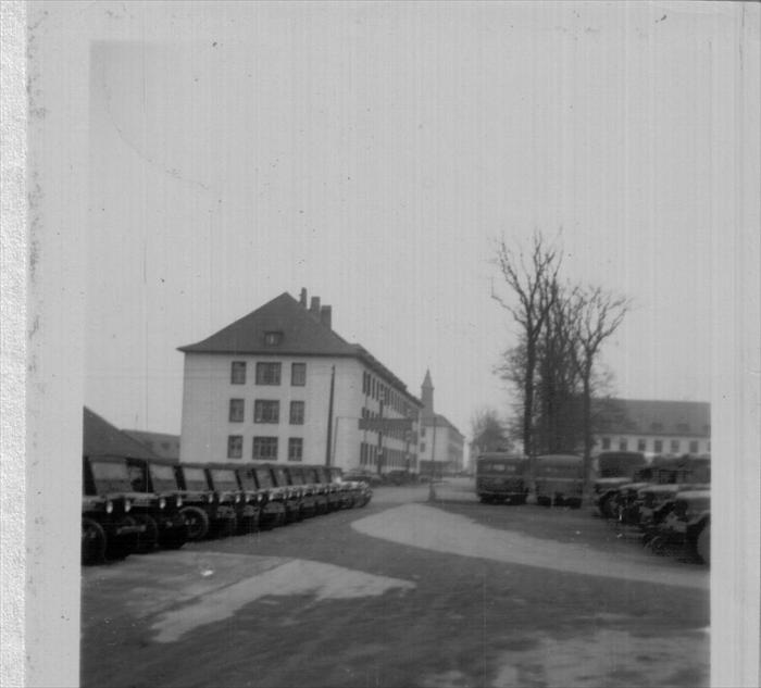 Cambrai Fritsch Kaserne. 1951-1952, Darmstadt, Germany. 1st Inf. Div. Hq. Clock tower and motor pool.