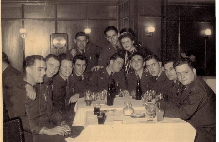 John Tubinis with 1st Division HQ CO soldiers.  Probably 1951.  Darmstadt, Germany Service Club.  "Smitty" drapes his arm around Dad's shoulder.