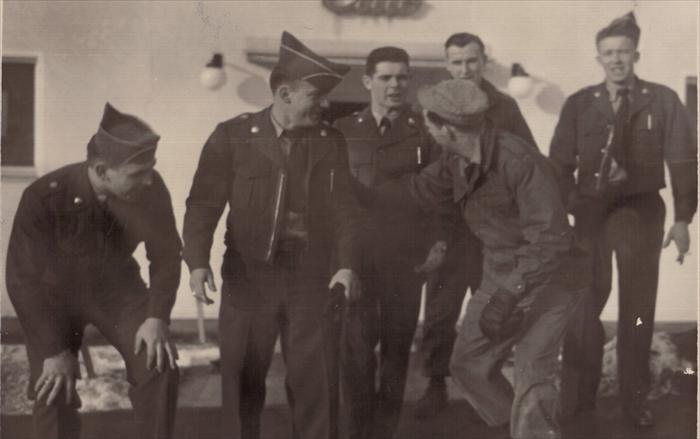 Photo of Dad's buddies most likely 1st Inf. Div. Hq Co. Smitty wearing a cap partially turned away from the camera.  Not sure if this photo was taken at Cambrai Fritsch Kaserne, Darmstadt or Northern Kaserne, Wuerzburg.  1951-1953 Germany.