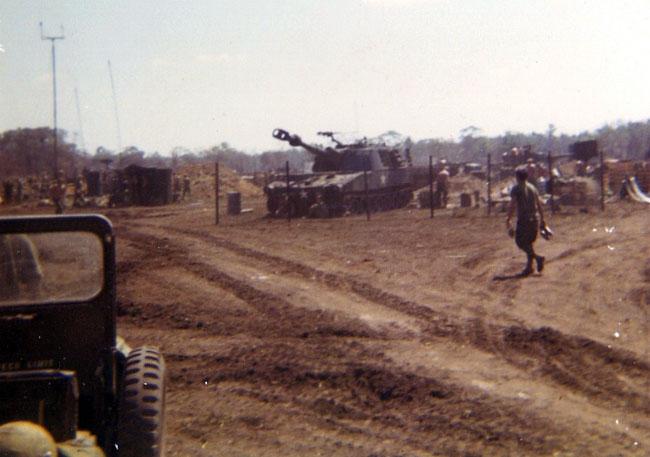 Fire Base Wood in Vietnam. Jeep and tank.