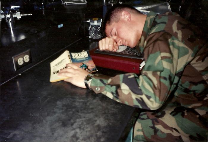 Someone took this picture of me in lab tech class at AMEDD Center and School, Fort Sam Houston 1996. I have yet to finish that book!