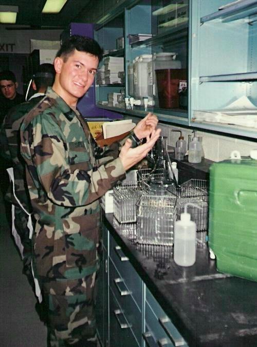 Training as a 91K Lab Tech at Fort Sam Houston, TX. Photo taken approximately March 1996.