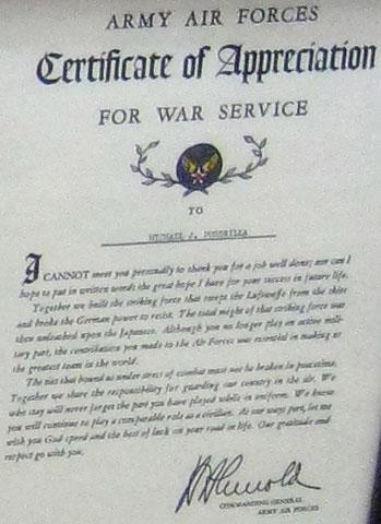 Army Air Forces service certificate.