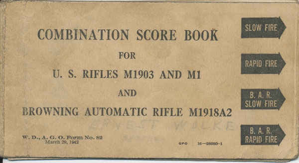 Official combination scorebook used during basic training. Inside the book has my grandfather's target results of where he shot in basic training for qualifying. My grandfather said he missed on purpose so that he did not become a sniper.