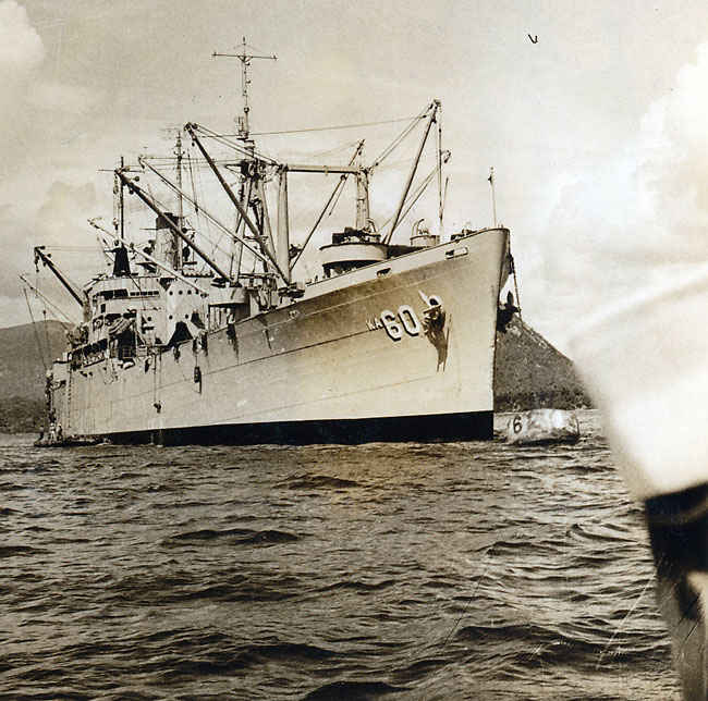 This is a picture coming back from shore to board the Leo. USS Leo received five battle stars for service in Korean War and two battle stars in World War II.