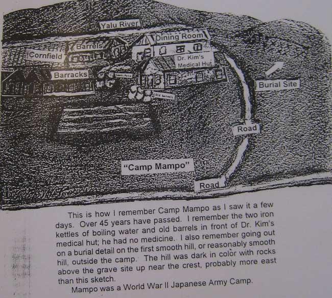 Drawing Carl made of Camp Mampo. One can see the burial site where Carl has to help bury 400 of his fellow soldiers who were killed or died as the hands of the North Koreans.