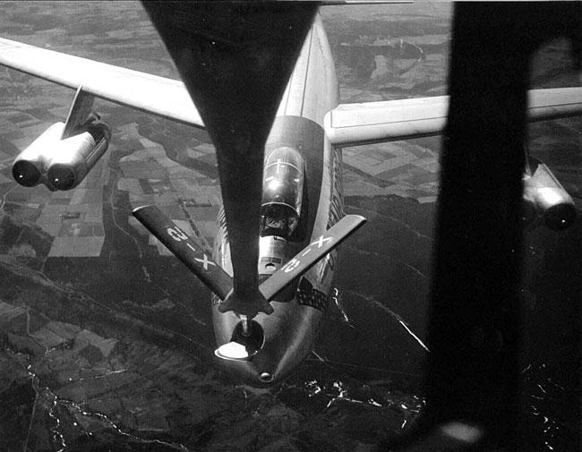 B-47 taking on fuel from a KC-97 tanker of England in 1955.  Filmed by CBS for Edward R. Morrow’s TV program, “See it Now”