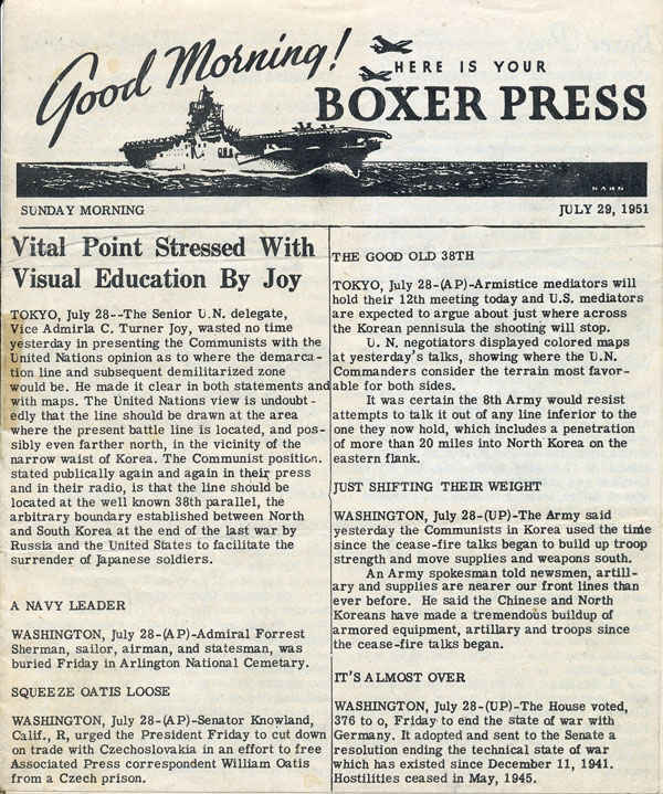 Daily newspaper from July 29, 1951 that my grandfather got in Sasebo, Japan. With the outbreak of the Korean War, she was pressed into service to carry planes to the fighting.