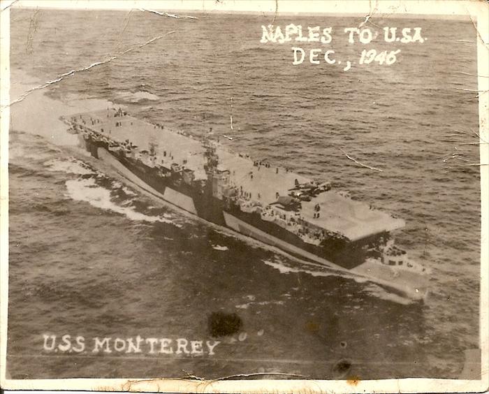 The USS Monterey., Naples, Italy to U.S., Dec. 1945.
Carlos Haaland returns to the continental U.S.