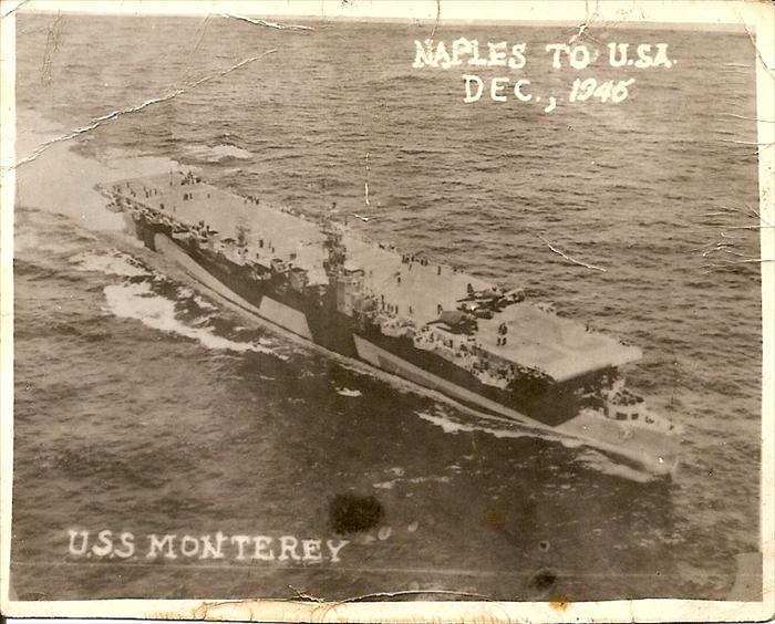 The USS Monterey., Naples, Italy to U.S., Dec. 1945.
Carlos Haaland returns to the continental U.S.